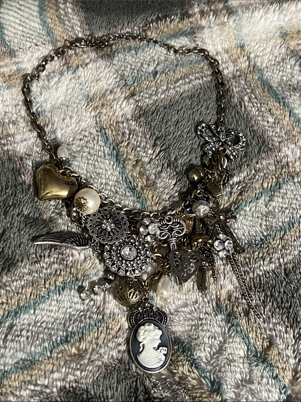 Vintage-Gold and Silver tone statement Cameo Charm Necklace-Unmarked